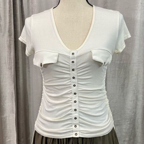SHARAGANO Ruched Stretchy White Bodycon Button Top - Picture 1 of 7